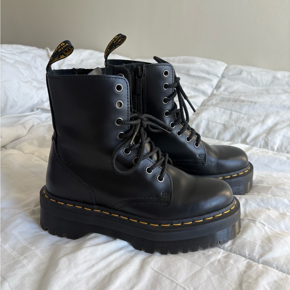 Dr Martens Platform Tie Up Side Zip Boots Black Leather Size 7 / Fits 7.5 to 8